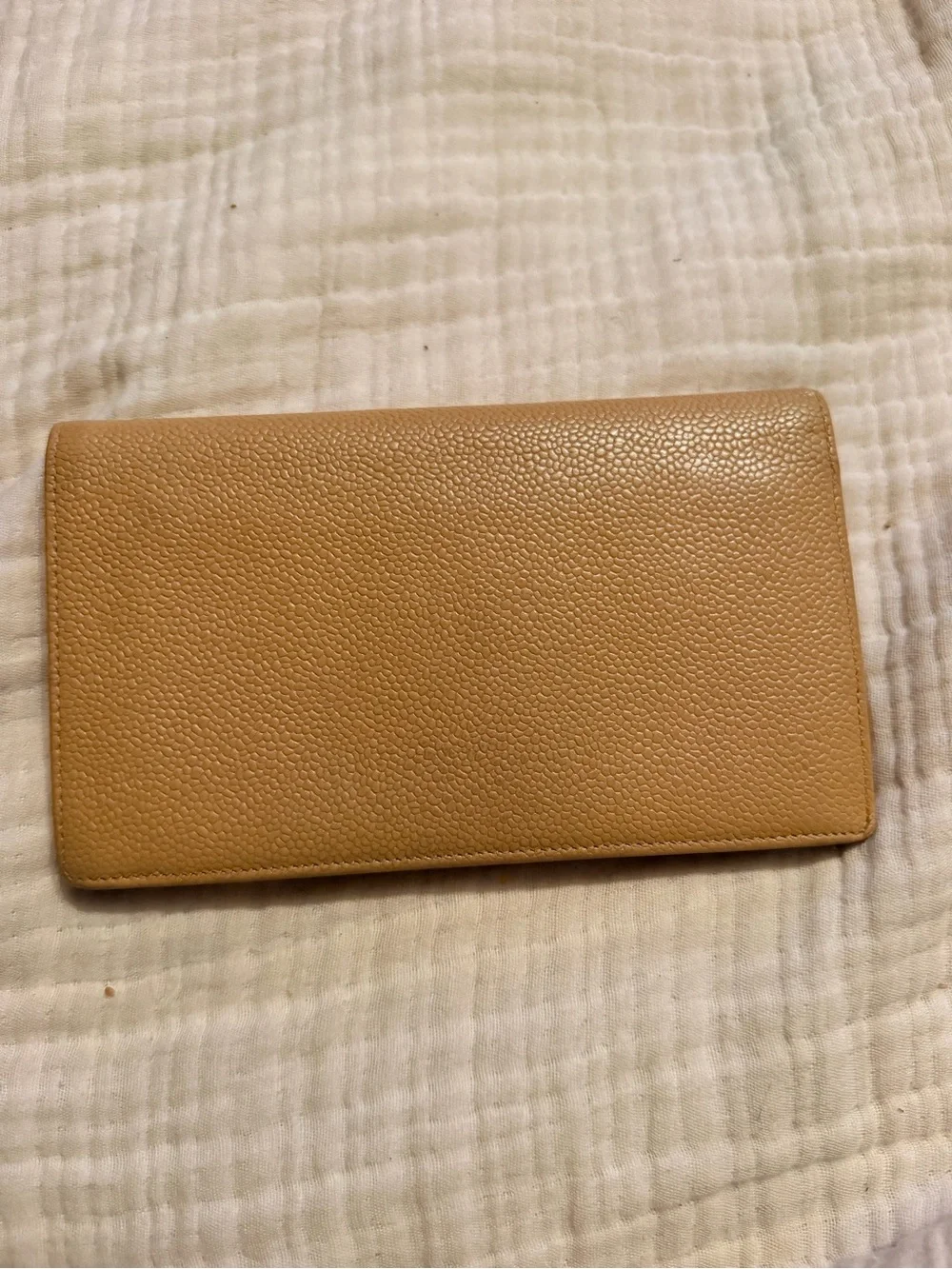 CHANEL Camel Pebbled Leather Continental Wallet with Embossed CC